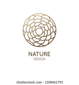 Tropical flower logo template. Round emblem floral plant of petals in a circle. Vector ornamental badge for design of natural product, flower shop, cosmetics, ecology concept, health, spa, yoga Center