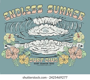 Tropical flower. Long beach. Summer vibes. Surfing wave graphic print design for t shirt print, poster, sticker and other uses. Enjoy beach life. Sunny day at the beach.