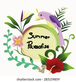 Tropical Flower on Emblem White Background, Vector