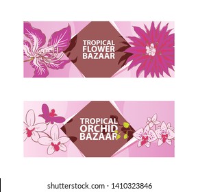 Tropical flower, orchid bazaar vector illustration. Flora banners, flyers. Exotic plants. Natutal concept. Beautiful pink blossom. Advertising of botanic or floral exposition.
