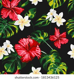 tropical flower and palm leafs seamless pattern