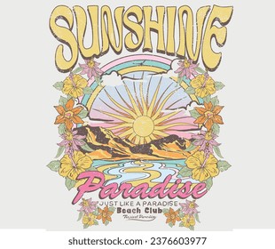 Tropical flower. Palm tree with birds colorful retro print artwork. Beach vibes. sun and moon. Beach hand sketch graphic print design for t shirt print, poster, sticker, background and other uses.