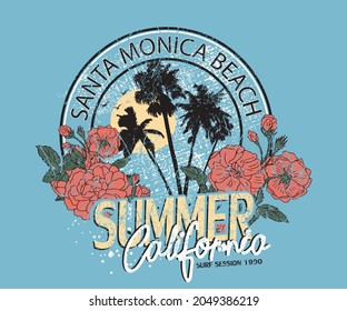 Tropical flower with palm tree vector graphic print for apparel, poster, sticker and others. California santa monica beach artwork.