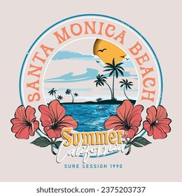  Tropical flower with palm tree vector graphic print for apparel, posters, stickers, and others. California Santa Monica beach artwork. Summer paradise Vibes Great Waves. Summer vibes tropical graphic