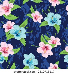 Tropical flower pattern. Hibiscus flower. Navy blue background with pink and bluish flowers. Perfect for printing on summer fabrics. All over and vector design