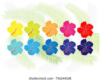 Tropical flower pattern - Illustration ,Hibiscus, Tropical Climate, Flower, Single Flower, Hawaii Islands, Painted Image, colorful, leaves