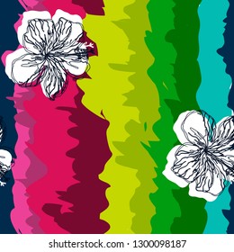 Tropical flower pattern on a bright rainbow background. Hibiscus flowers.