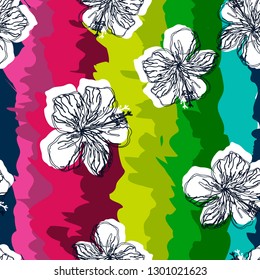 Tropical flower pattern on a bright rainbow background. Hibiscus flowers.