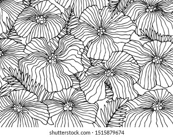 Tropical flower pattern on white background. Hibiscus flowers layered with fern leaves. 