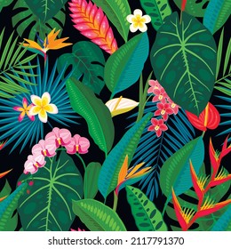 Tropical flower pattern, seamless background. Vector illustration cartoon template for packaging design or wallpaper.