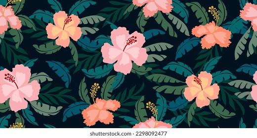 Patrón de flores tropicales sin costura, silueta de floración, botánica dibujada a mano, hoja floral para primavera y verano, adornos naturales para textiles, tela, papel pintado, diseño de fondo.