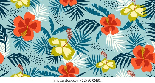 Tropical flower pattern seamless, silhouette of blooming, hand drawn botanical, Floral leaf for spring and Summer time, natural ornaments for textile, fabric, wallpaper, background design.