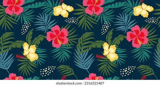 Tropical flower pattern seamless, silhouette of blooming, hand drawn botanical, Floral leaf for spring and Summer time, natural ornaments for textile, fabric, wallpaper, background design.