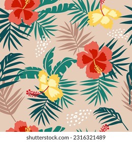 Tropical flower pattern seamless, silhouette of blooming, hand drawn botanical, Floral leaf for spring and Summer time, natural ornaments for textile, fabric, wallpaper, background design.