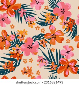 Tropical flower pattern seamless, silhouette of blooming, hand drawn botanical, Floral leaf for spring and Summer time, natural ornaments for textile, fabric, wallpaper, background design.