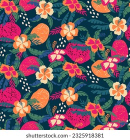Patrón de flores tropicales sin costura, silueta de floración, botánica dibujada a mano, hoja floral para primavera y verano, adornos naturales para textiles, tela, papel pintado, diseño de fondo.