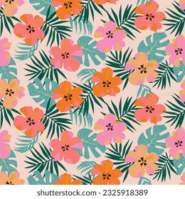 Tropical flower pattern seamless, silhouette of blooming, hand drawn botanical, Floral leaf for spring and Summer time, natural ornaments for textile, fabric, wallpaper, background design.