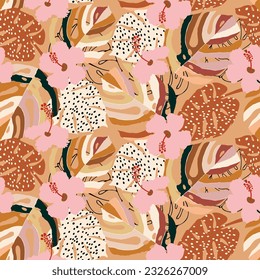 Tropisches Blumenmuster nahtlos, Silhouette der Blüte, handgezeichnet botanisch, Blumenblätter für Frühling und Sommer, natürliche Ornamente für Textilien, Stoff, Tapeten, Hintergrund-Design.