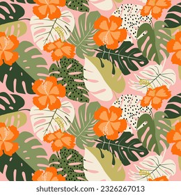 Tropical flower pattern seamless, silhouette of blooming, hand drawn botanical, Floral leaf for spring and Summer time, natural ornaments for textile, fabric, wallpaper, background design.