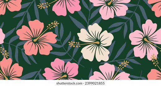 Tropical flower pattern seamless, silhouette of hibiscus flowers, hand drawn botanical, Floral leaf for spring and Summer time, natural ornaments for textile, fabric, wallpaper, background design.