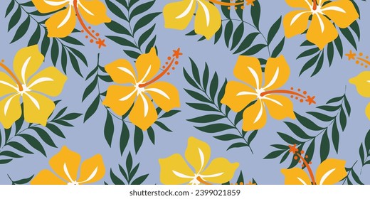 Tropical flower pattern seamless, silhouette of hibiscus flowers, hand drawn botanical, Floral leaf for spring and Summer time, natural ornaments for textile, fabric, wallpaper, background design.