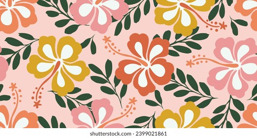 Tropical flower pattern seamless, silhouette of hibiscus flowers, hand drawn botanical, Floral leaf for spring and Summer time, natural ornaments for textile, fabric, wallpaper, background design.