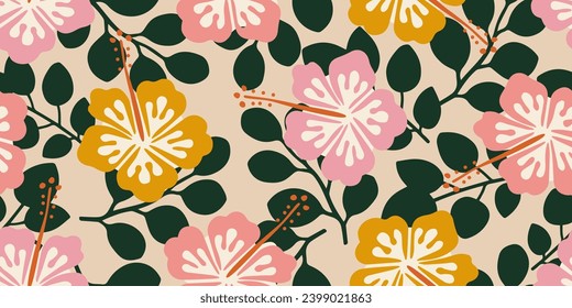 Tropical flower pattern seamless, silhouette of hibiscus flowers, hand drawn botanical, Floral leaf for spring and Summer time, natural ornaments for textile, fabric, wallpaper, background design.