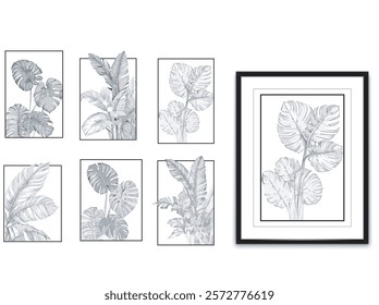 tropical flower pencil art illustration, tropical plant wall art home decor plant laine art

