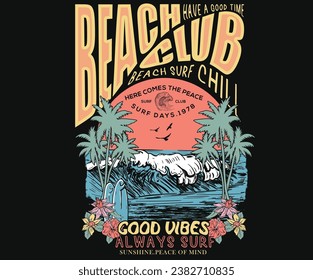 Tropical flower. Perfect wave. Long beach summer time print design artwork. Beach Paradise Print t shirt graphics design, typography slogan on palm trees background. Summer beach vibes. Surfing club.