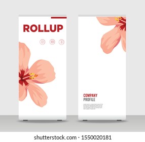 Tropical Flower petal elements Modern Exhibition Advertising Trend Business Roll Up Banner Stand Poster Brochure flat design template creative concept. Tropical flowers Roll Up EPS. Presentation