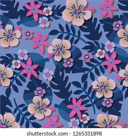 Tropical flower, plant and leaf pattern background