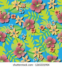 Tropical flower, plant and leaf pattern background