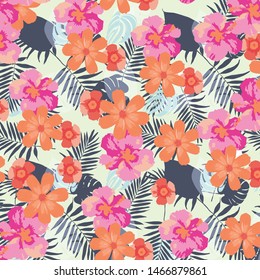 Tropical flower, plant and leaf pattern background