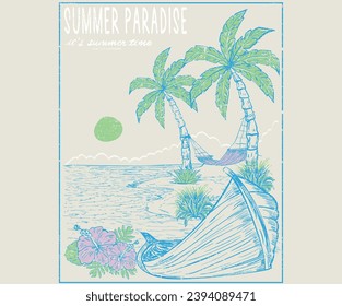 Tropical flower print design. Hawaii summer paradise artwork for t shirt, poster, sticker. Summer good vibes. Paradise Print t shirt graphics design, typography slogan on palm trees background.