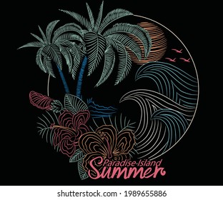 Tropical flower print design. Summer vibes vector design artwork. Beach wave line design for apparel. Beach design artwork.