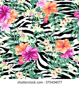 tropical flower print over zebra background ~ seamless pattern