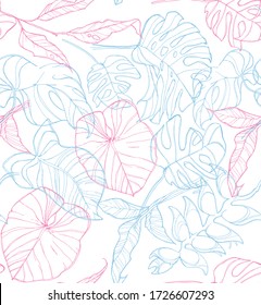 Tropical flower print with typical foliage in shades of blue and pink