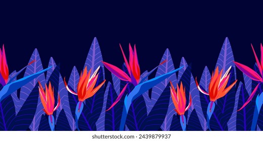 Tropical flower seamless border pattern with modern neon pink, purple color strelitzia, leaf horizontal background, hand drawing illustration