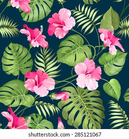 Tropical Flower Seamless Pattern. Blossom Flowers For Nature Background. Vector Illustration.