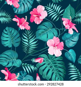 Tropical flower seamless pattern. Blossom flowers for nature background. Vector illustration.