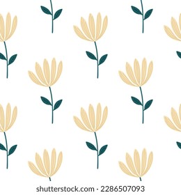 Tropical flower seamless pattern. Hand drawn cute floral endless background. Simple design for fabric, textile print, wrapping, cover. Vector illustration