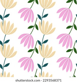 Tropical flower seamless pattern. Hand drawn cute floral endless background. Simple design for fabric, textile print, wrapping, cover. Vector illustration