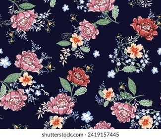 tropical flower seamless pattern. Many kinds of botanical plants hand drawn style illustration, Design or fashion, fabric, web, wallpaper, wrapping, and all prints.
