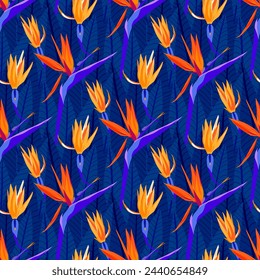 Tropical flower seamless pattern with modern yellow, orange color strelitzia, on blue leaves background, hand drawing illustration