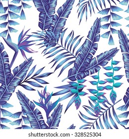 Tropical flower seamless pattern print wallpaper summer plant a banana palm leaves in trendy blue style. Hawaii jungle vector background