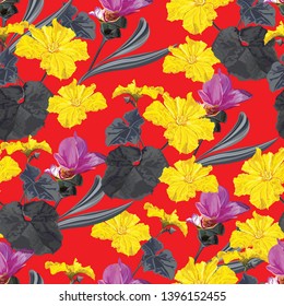 Tropical flower seamless pattern with pumpkin flower
and  Siam tulip-vector