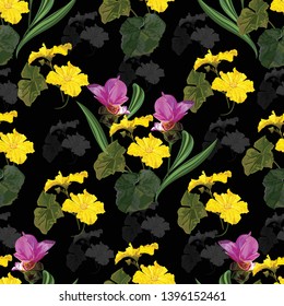 Tropical flower seamless pattern with pumpkin flowerand  Siam tulip-vector