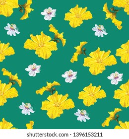 Tropical flower seamless pattern with pumpkin flower on green background -vector