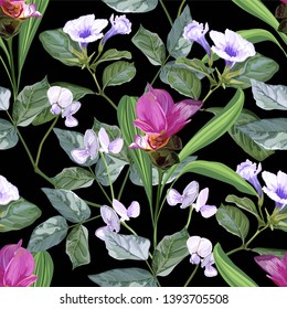 Tropical flower seamless pattern with siam tulip - vector