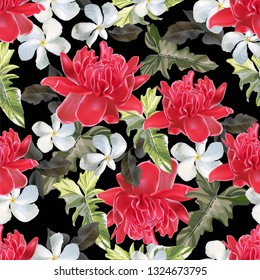 Tropical flower seamless pattern with Torch ginger ad apocynaceae  vector illustration